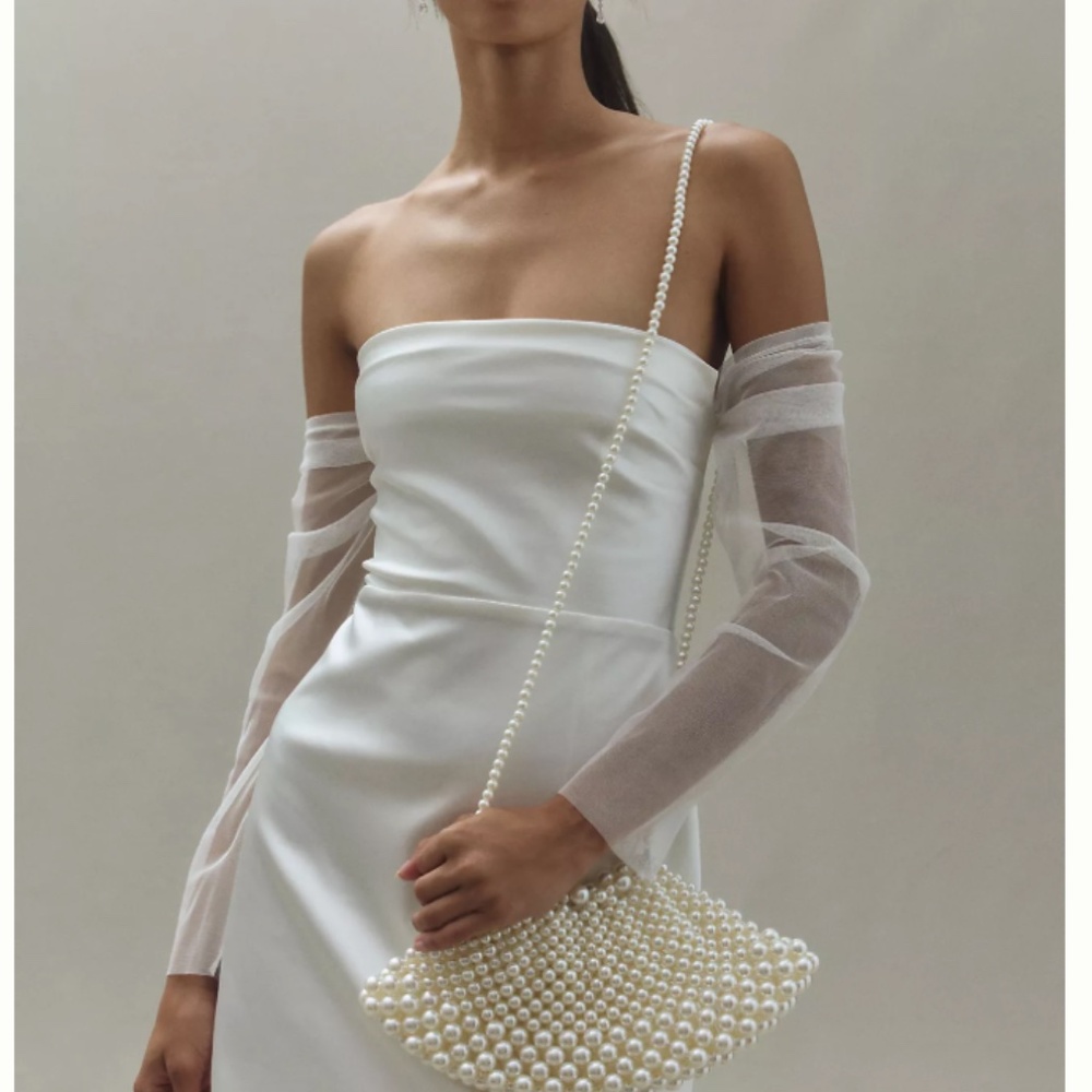 BHLDN Off-The-Shoulder Tulle-Sleeve Satin Mini Dress